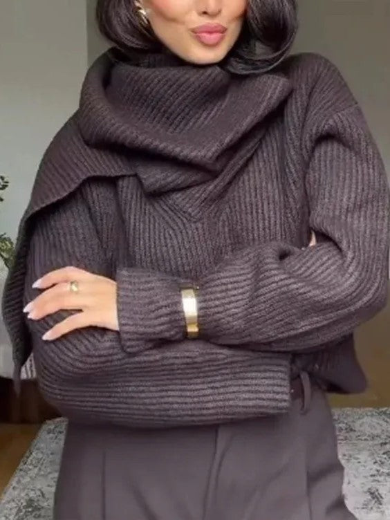 Dark Brown Ribbed Cowl Neck Sweater