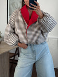 Beige Plaid High Neck Balloon Sleeve Jacket