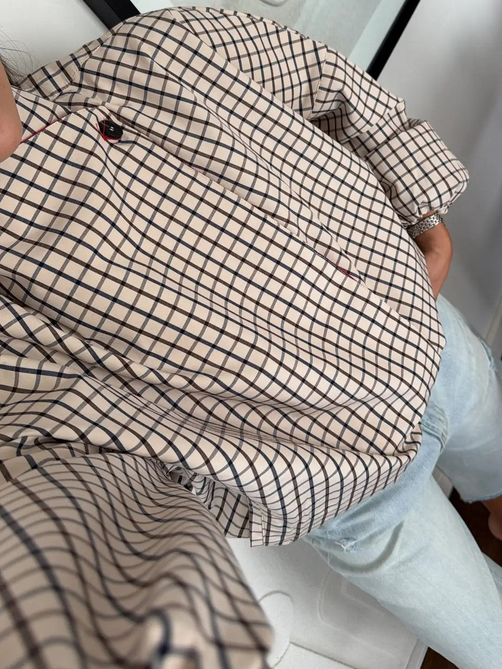 Beige Plaid High Neck Balloon Sleeve Jacket