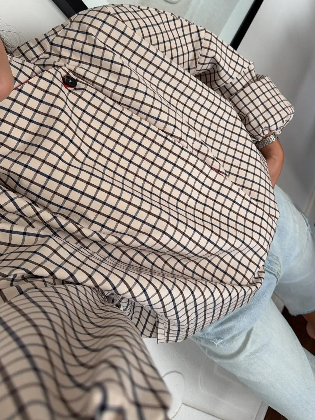 Beige Plaid High Neck Balloon Sleeve Jacket