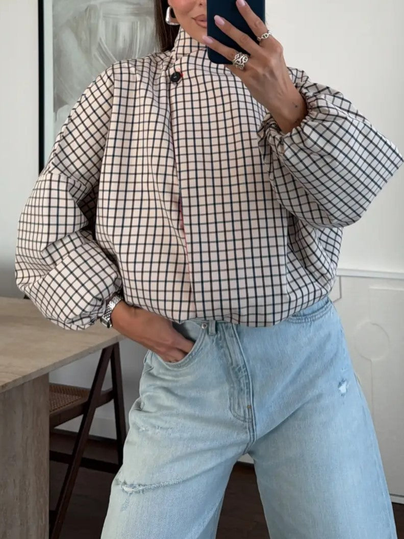 Beige Plaid High Neck Balloon Sleeve Jacket