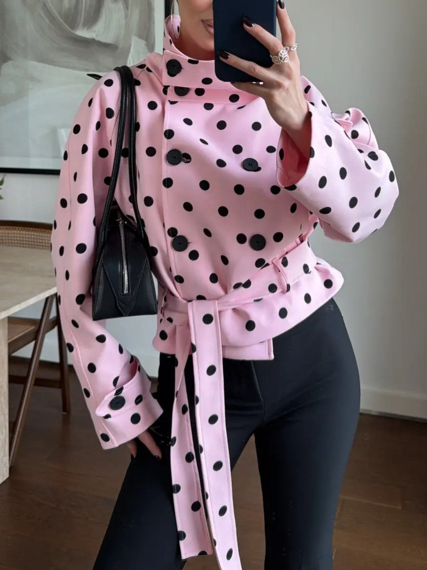 Pink Polka Dot Tie-Waist Blouson Jacket