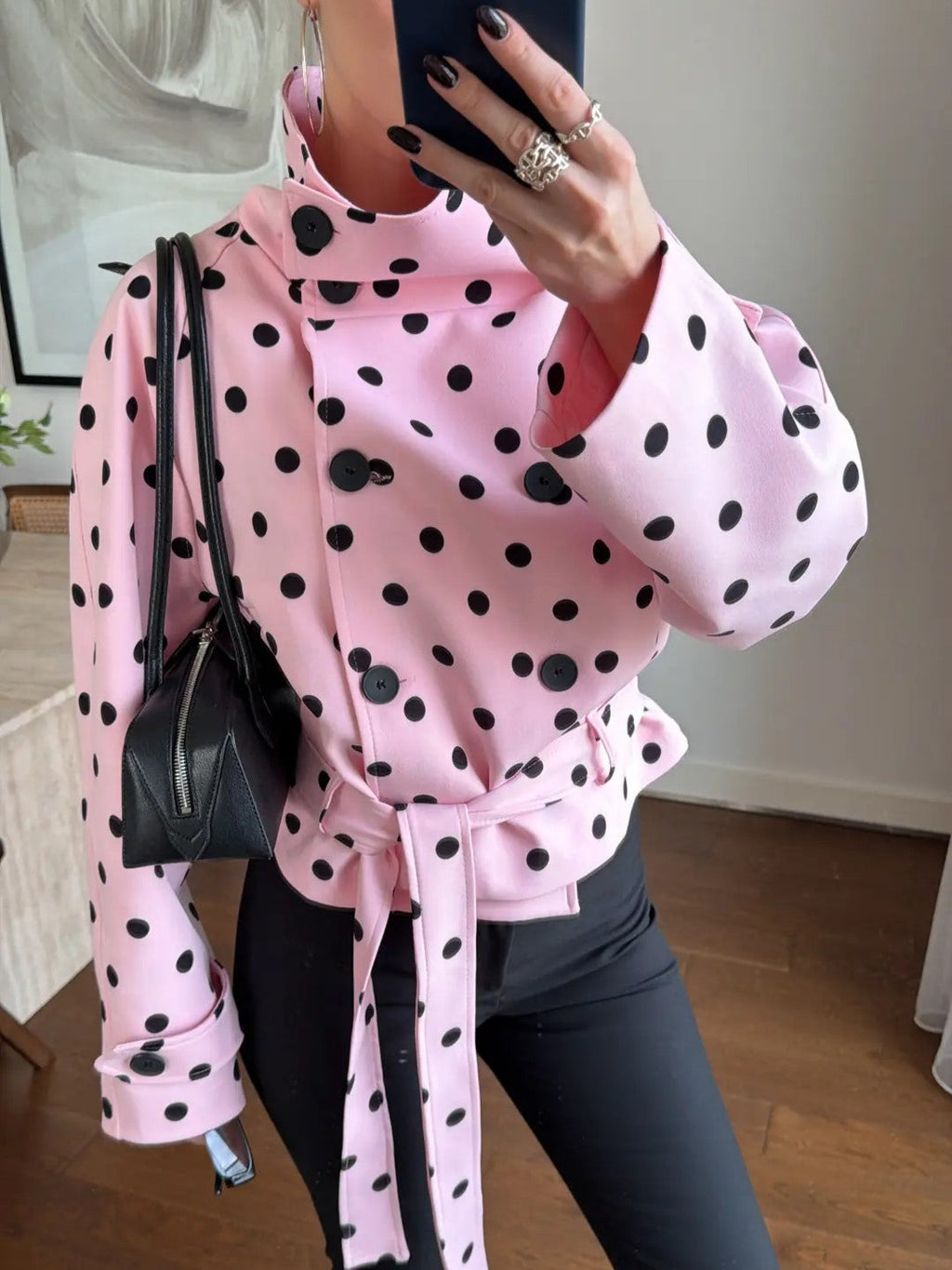 Pink Polka Dot Tie-Waist Blouson Jacket