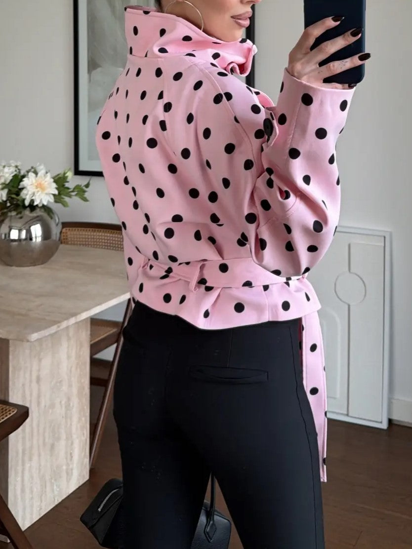 Pink Polka Dot Tie-Waist Blouson Jacket