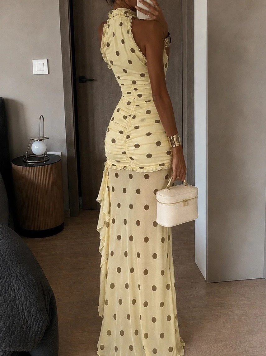 Yellow Polka Dot Halter Ruffle Maxi Dress