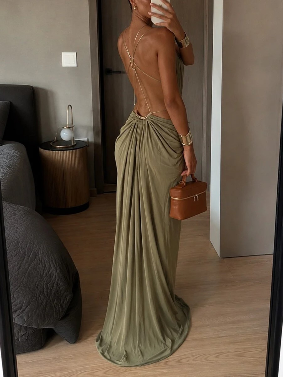 Olive Cutout Draped Maxi Dress