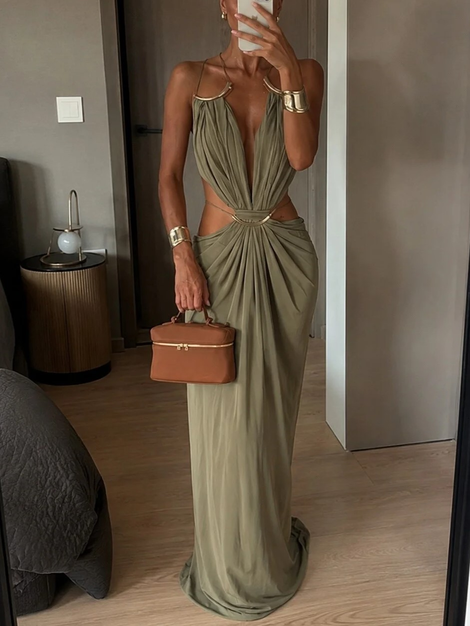 Olive Cutout Draped Maxi Dress
