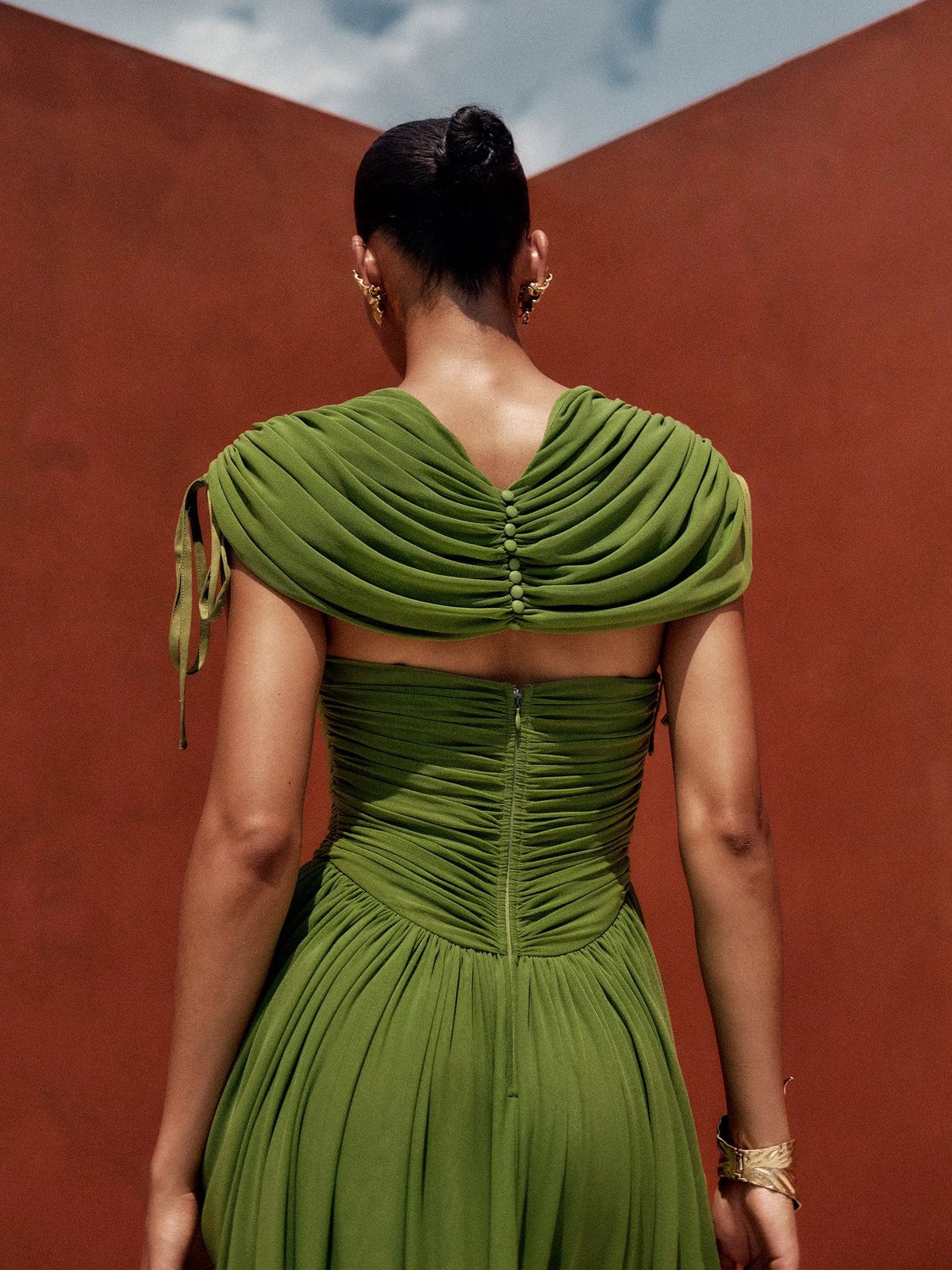 Green One-Shoulder Draped Maxi Dress