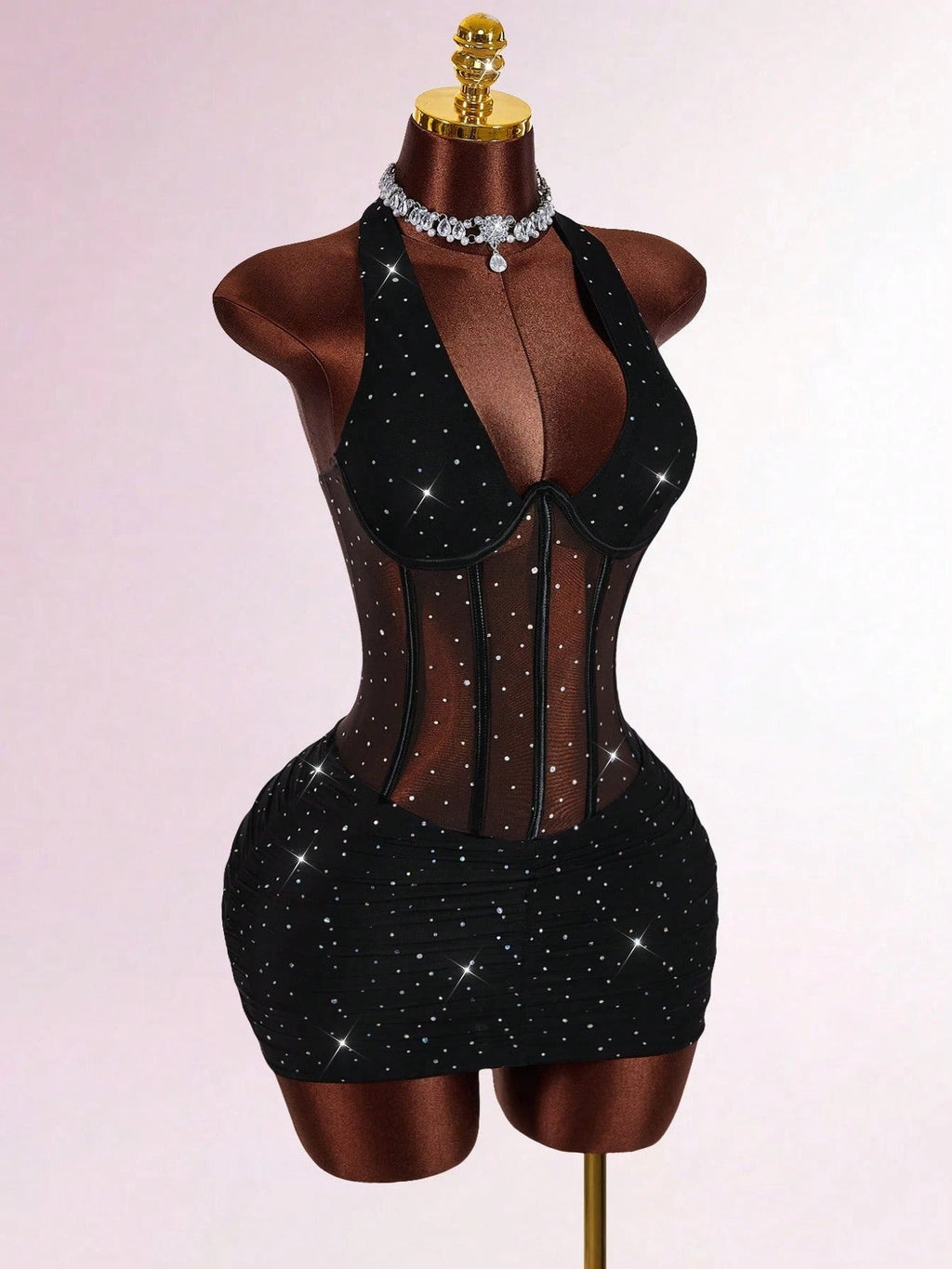 Black Rhinestone Sheer Corset Mini Dress