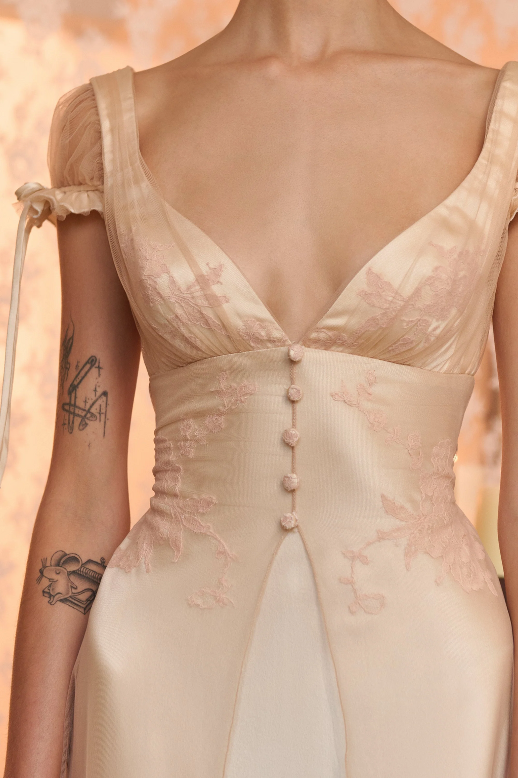 Champagne Lace Trim Satin Midi Dress