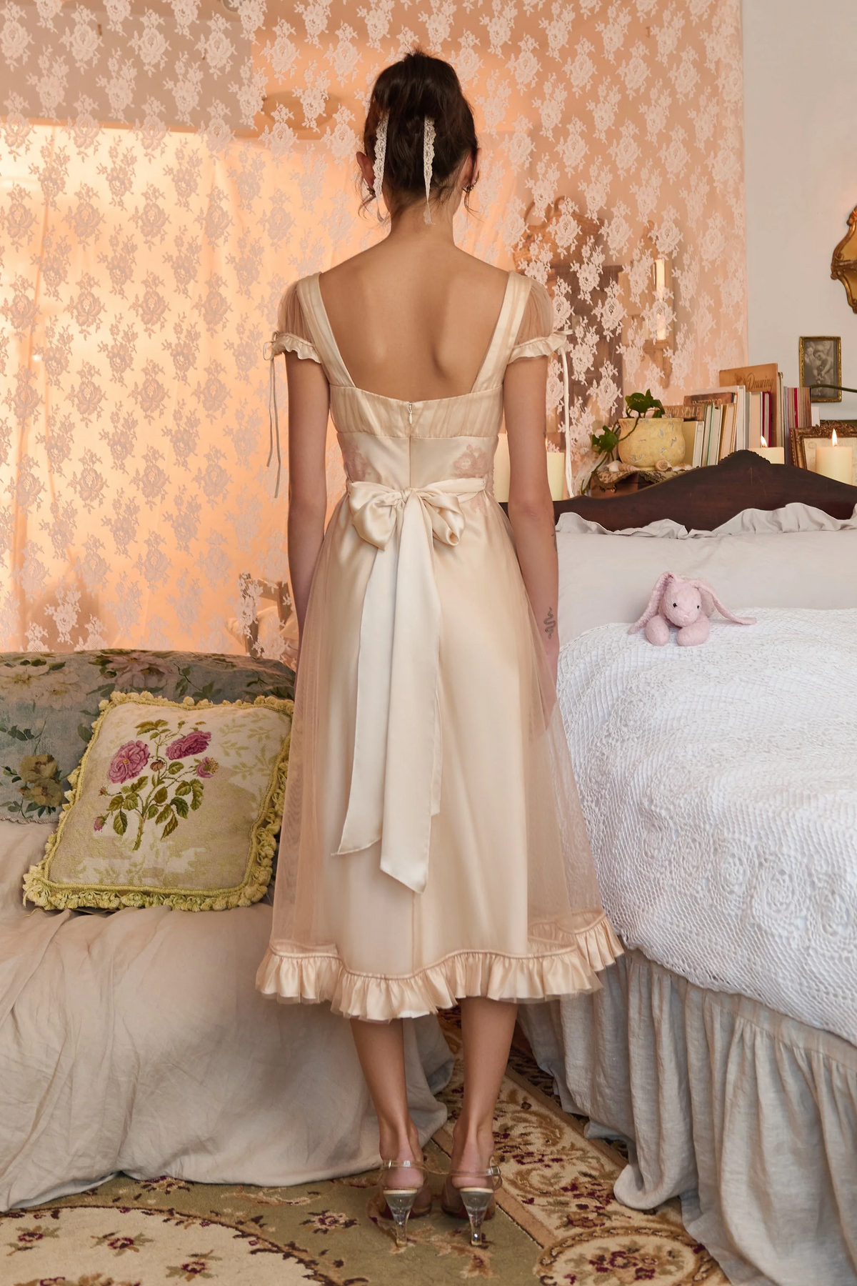 Champagne Lace Trim Satin Midi Dress