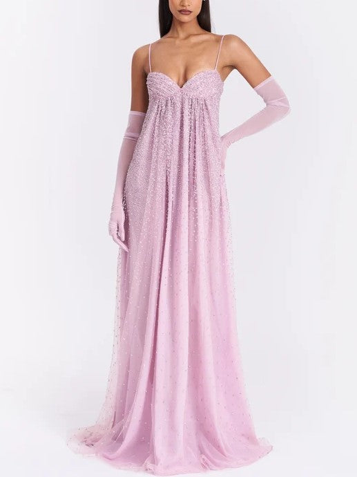 Pink Sequin Tulle Maxi Dress