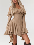 Tan Ruffled Off-Shoulder Mini Dress