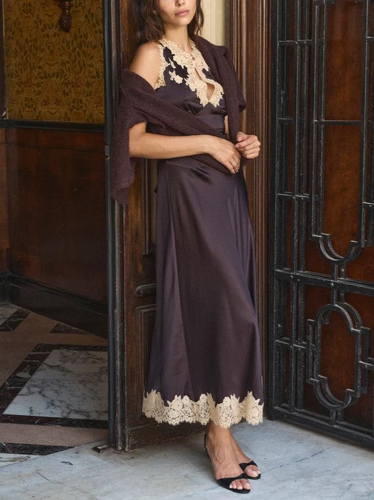 Brown Lace Trim Midi Dress