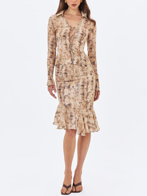 Beige Snake Print Tie-Front Top & Midi Skirt Set