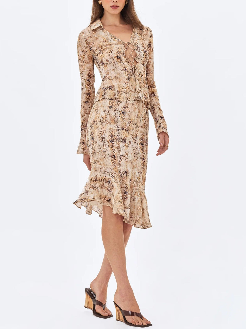 Beige Snake Print Tie-Front Top & Midi Skirt Set