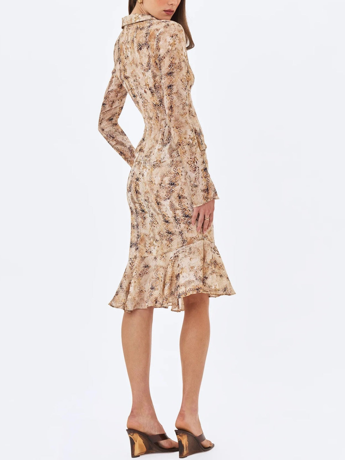 Beige Snake Print Tie-Front Top & Midi Skirt Set