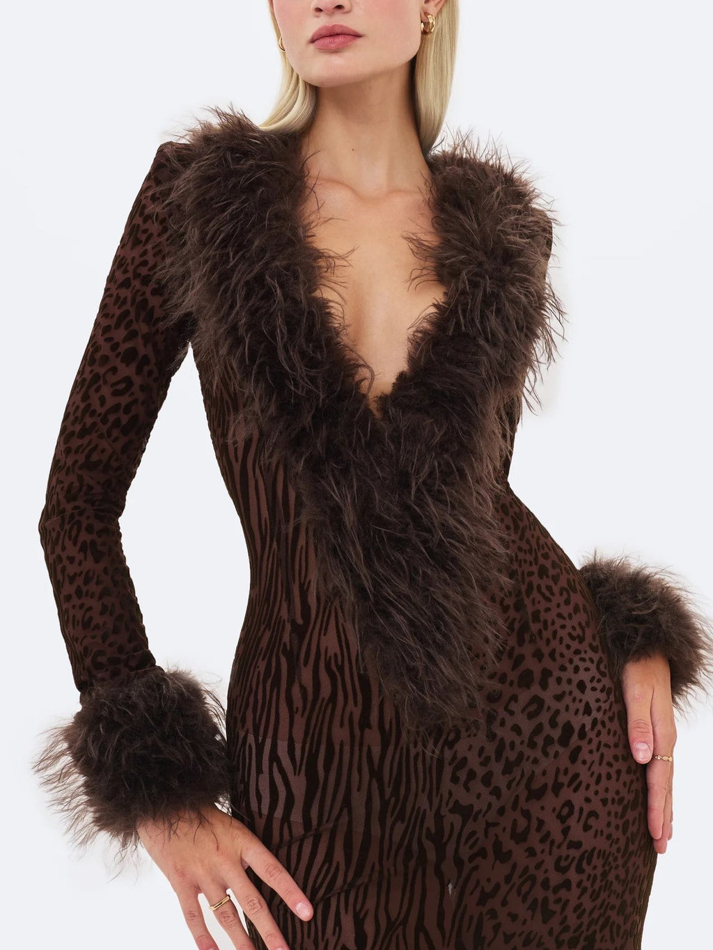 Brown Leopard Print Faux Fur Trim Maxi Dress