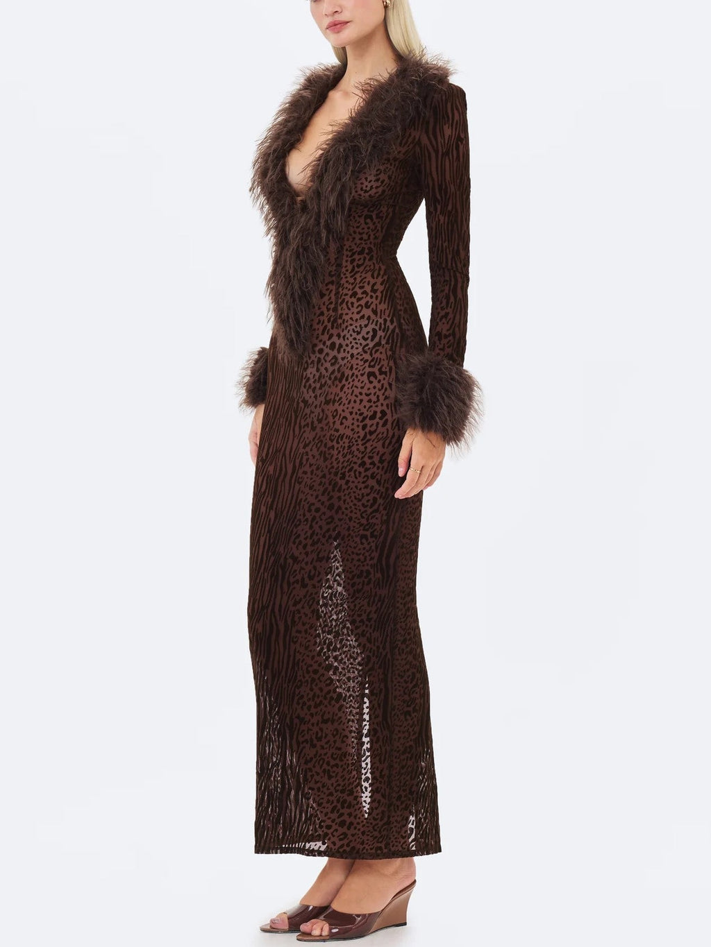 Brown Leopard Print Faux Fur Trim Maxi Dress