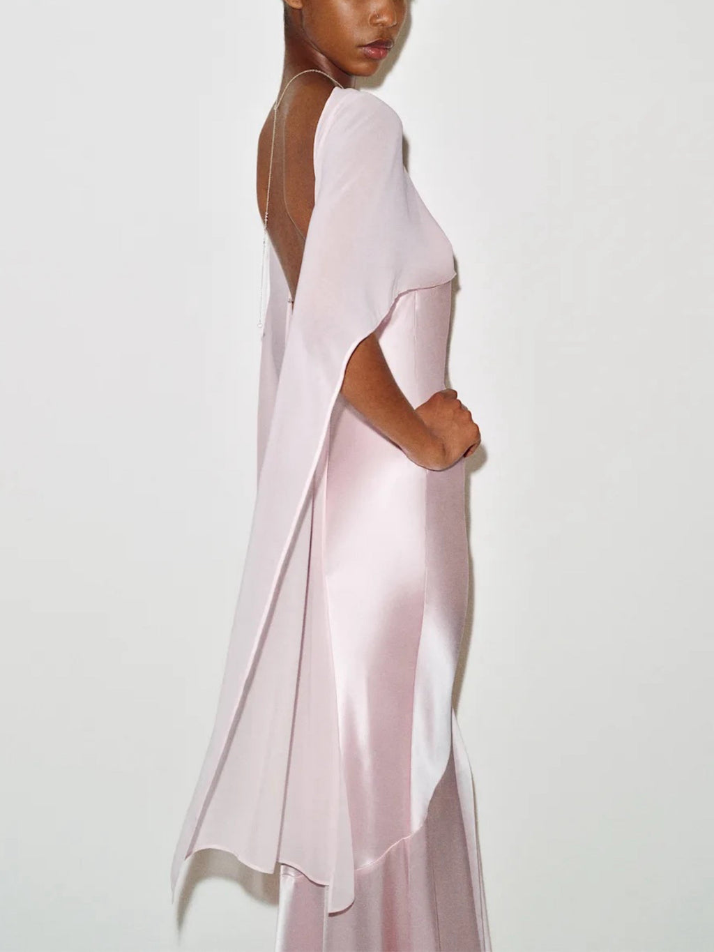 Pink Satin Cape Sleeve Maxi Dress