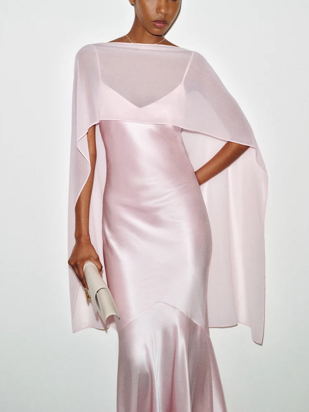 Pink Satin Cape Sleeve Maxi Dress