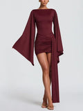 Burgundy Satin Cape Sleeve Mini Dress