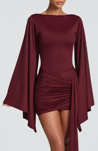 Burgundy Satin Cape Sleeve Mini Dress