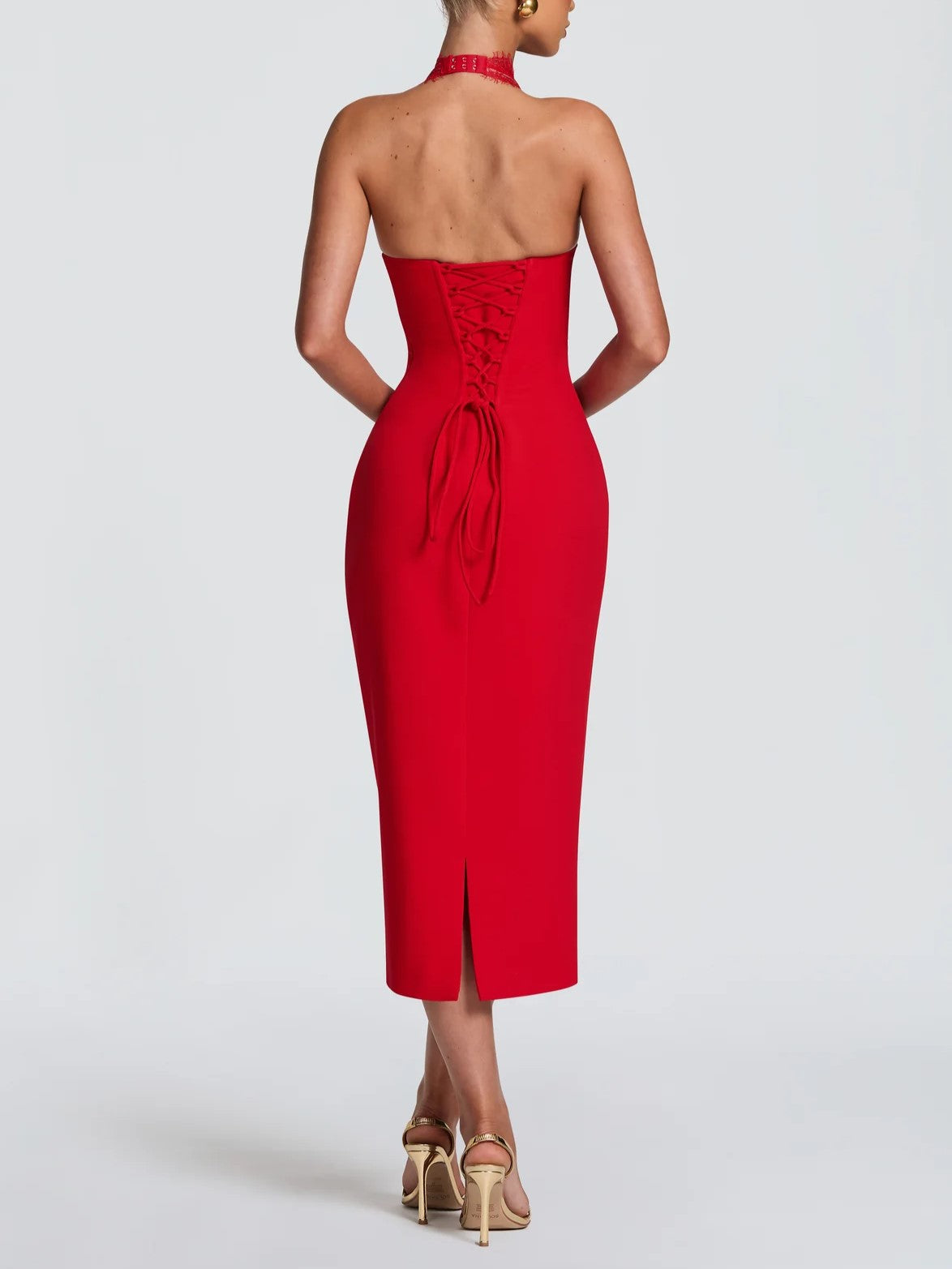 Red Lace Halter Midi Dress