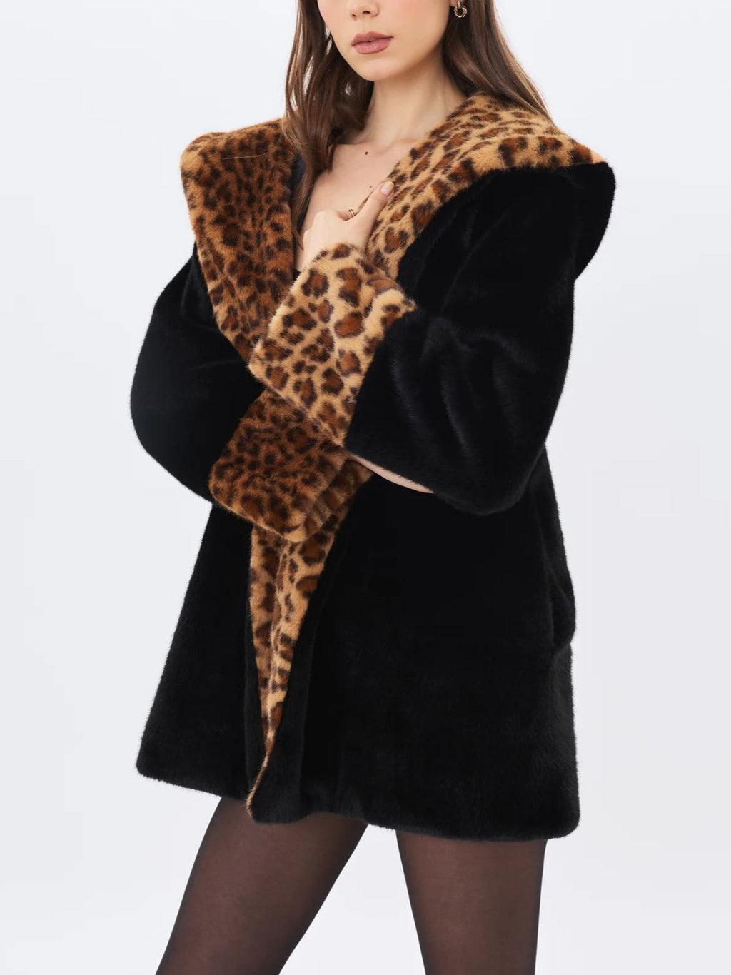 Black Leopard Faux Fur Trim Coat