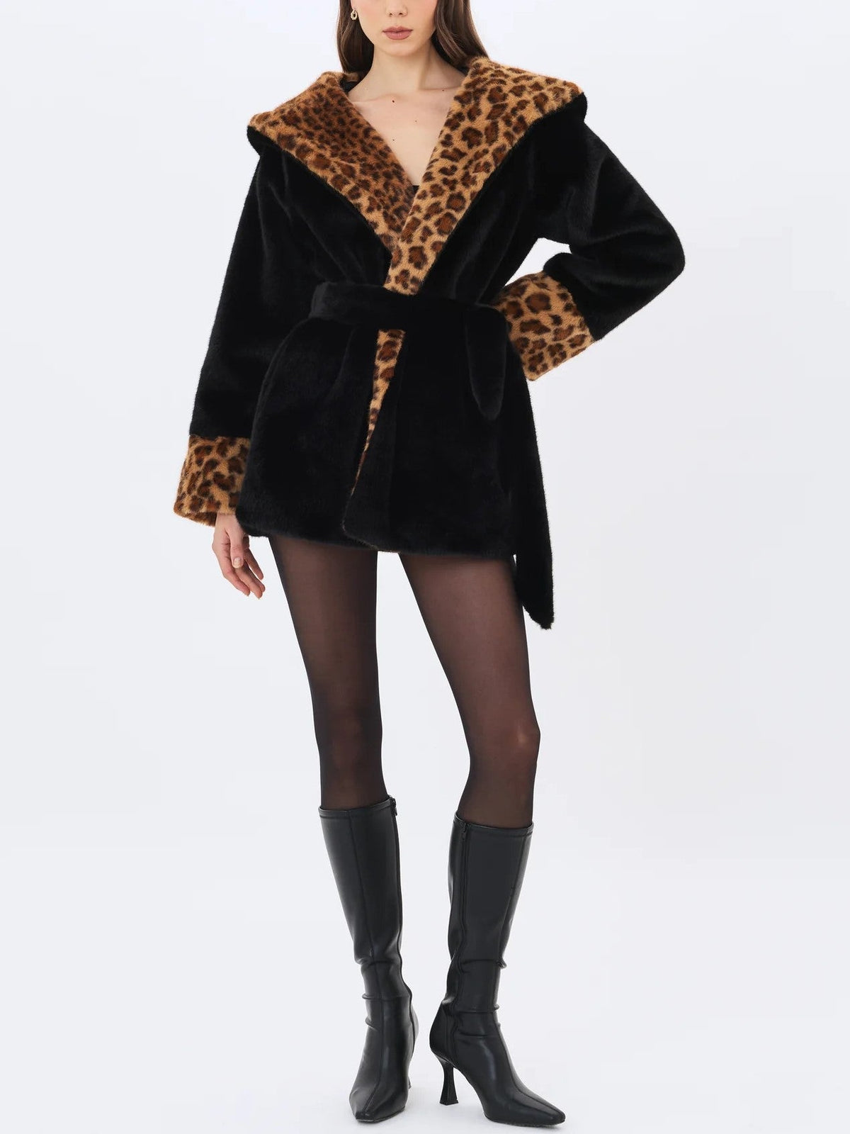 Black Leopard Faux Fur Trim Coat