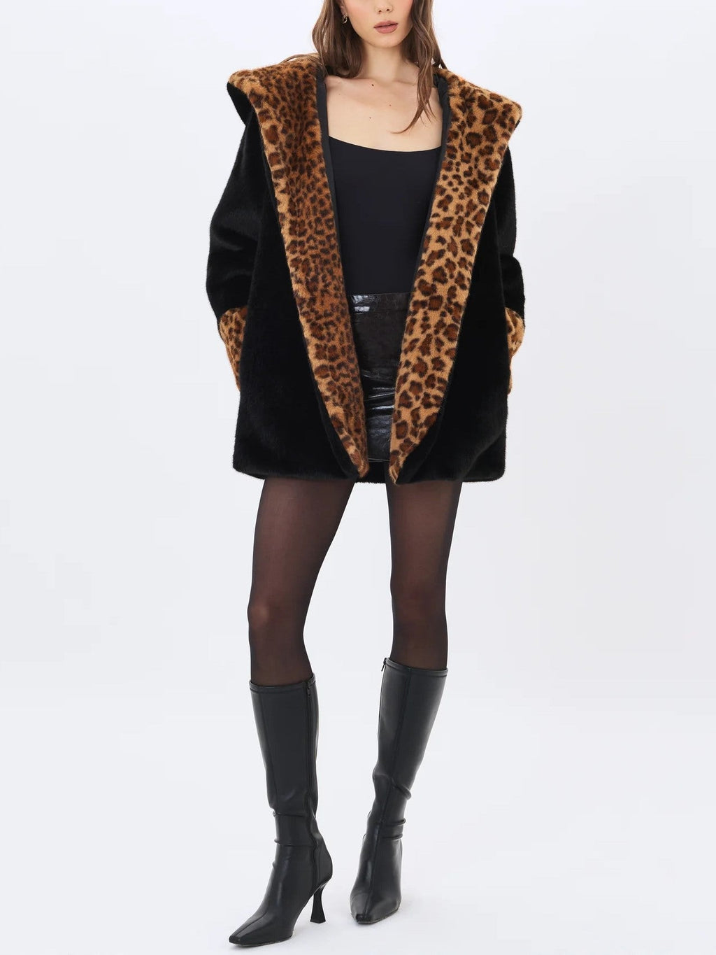 Black Leopard Faux Fur Trim Coat