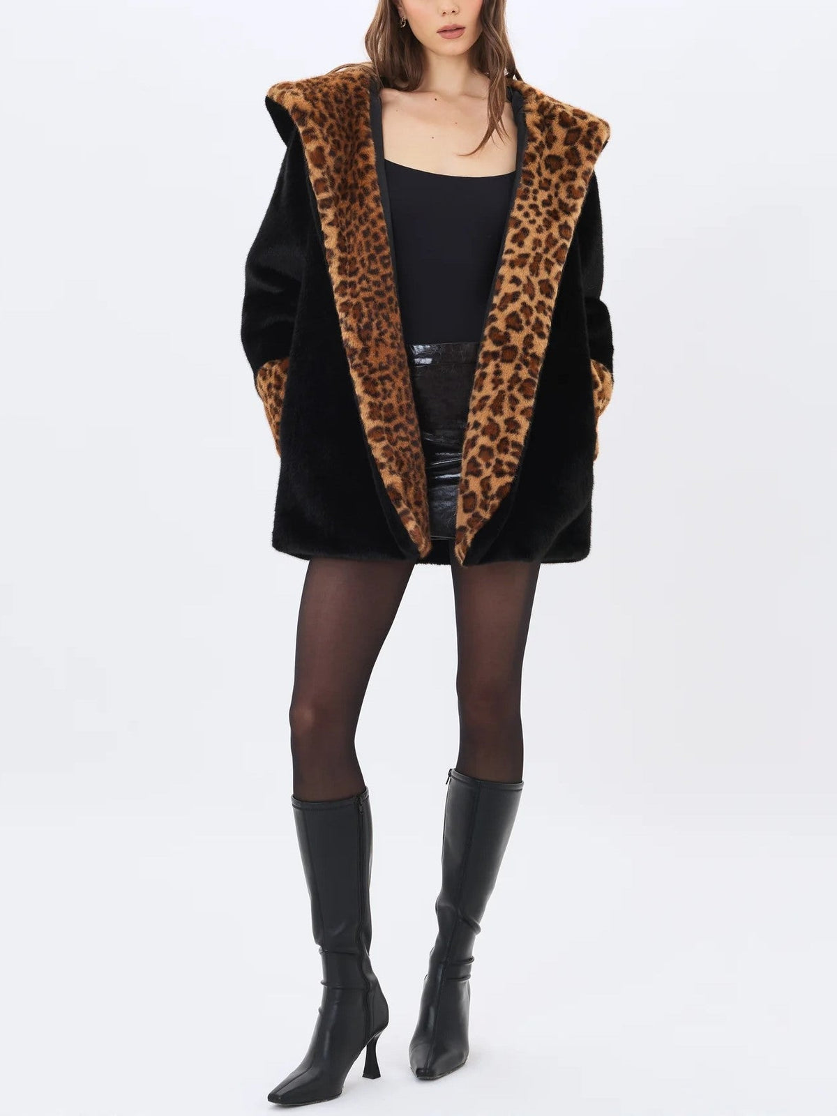 Black Leopard Faux Fur Trim Coat