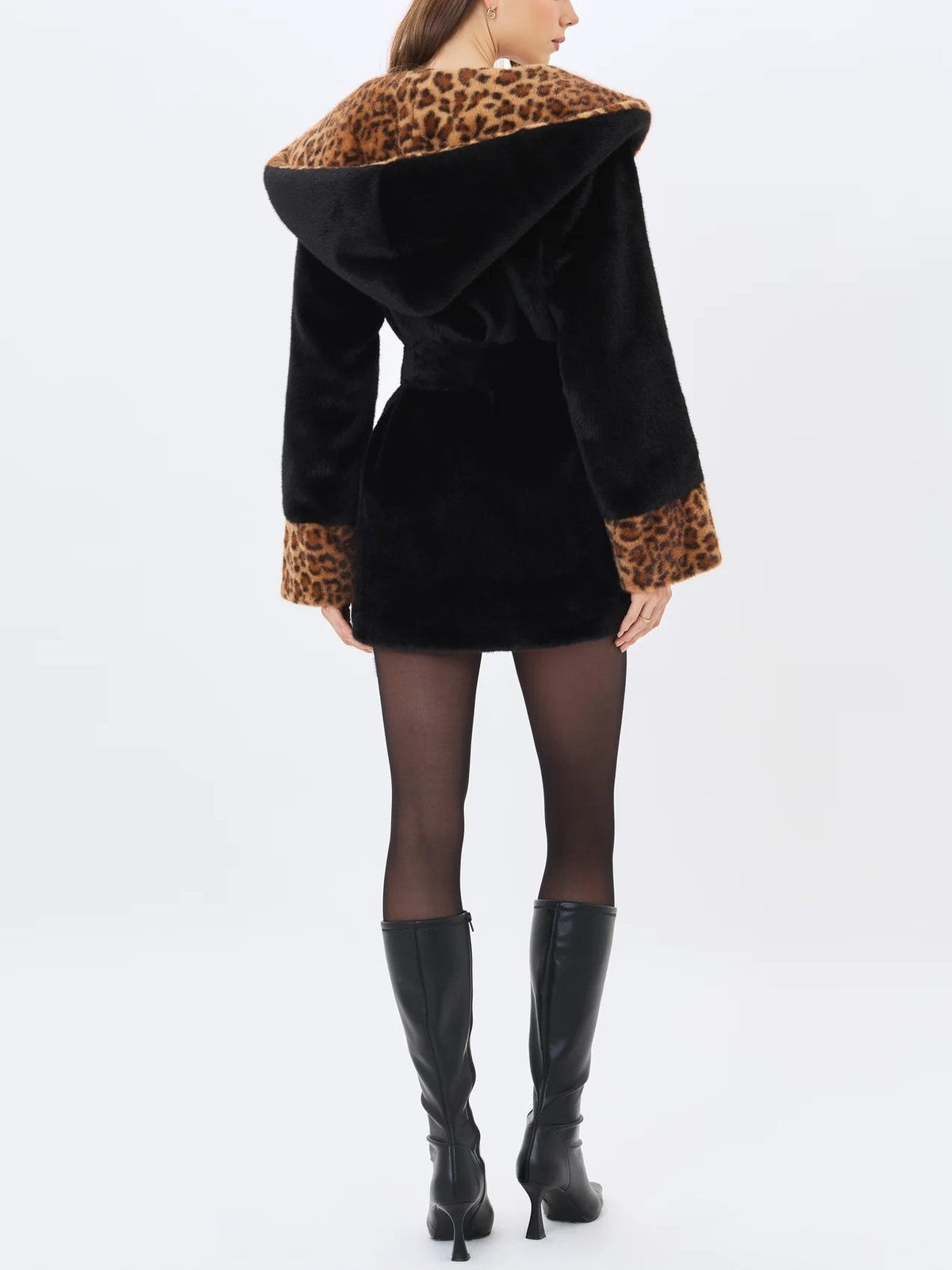 Black Leopard Faux Fur Trim Coat