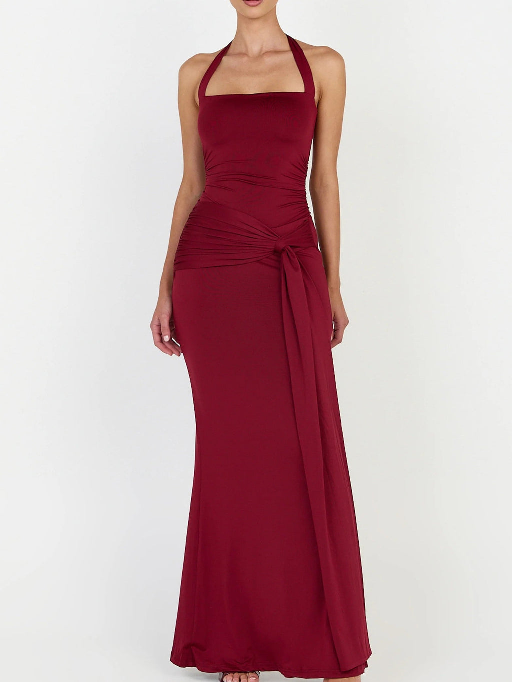 Burgundy Jersey Halter Draped Knot Maxi Dress