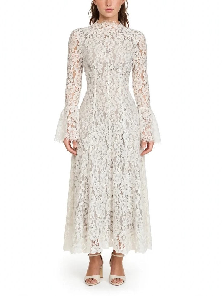 White Sheer Lace Long Sleeve Midi Dress