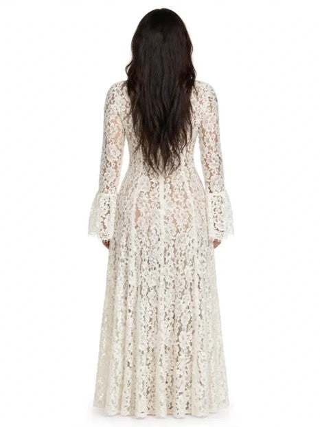 White Sheer Lace Long Sleeve Midi Dress