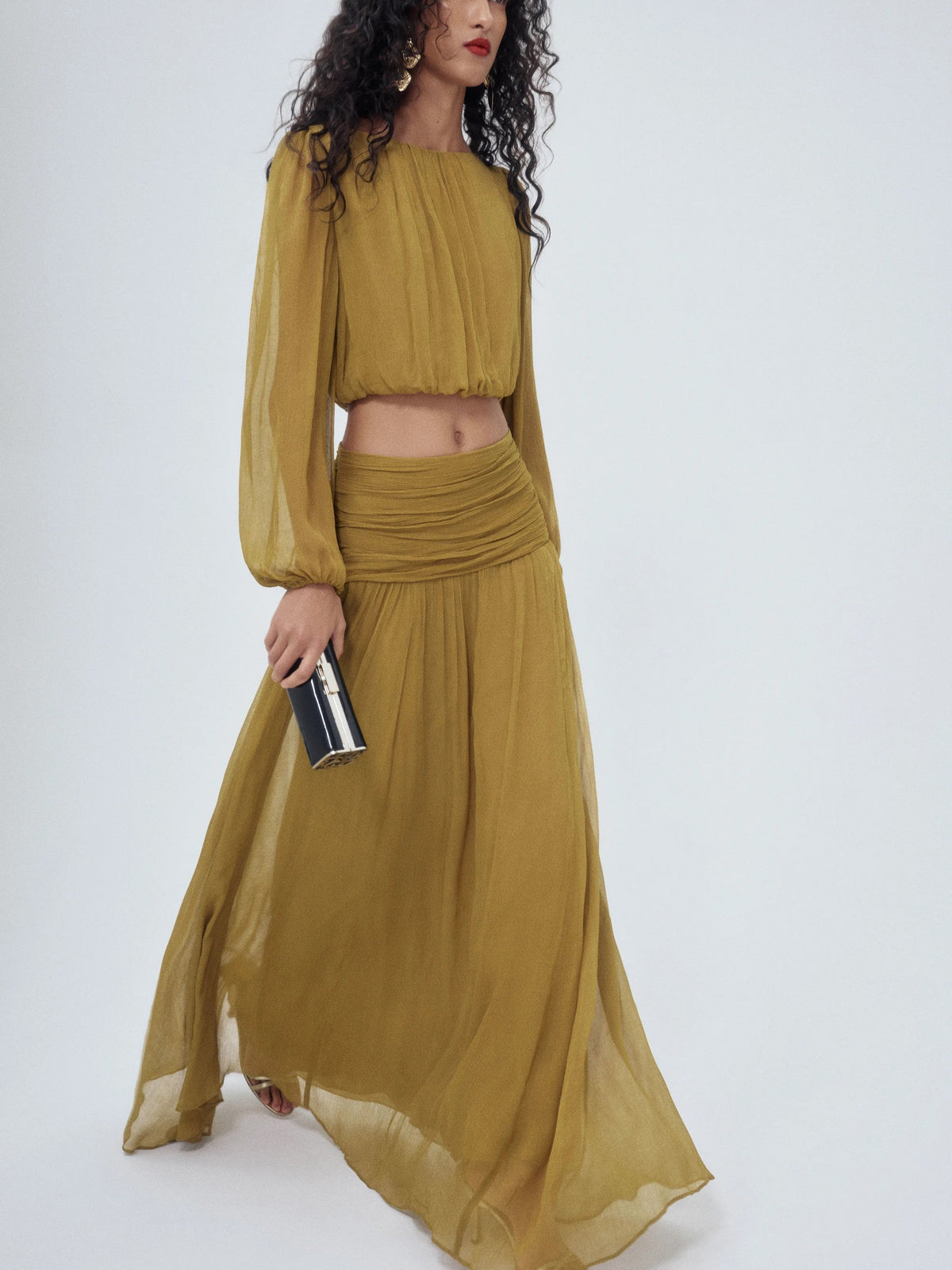 Olive Sheer Two Piece Crop Top and Maxi Skirt Set