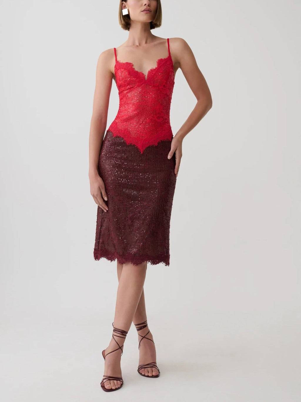 Red Lace Sequin Midi Dress