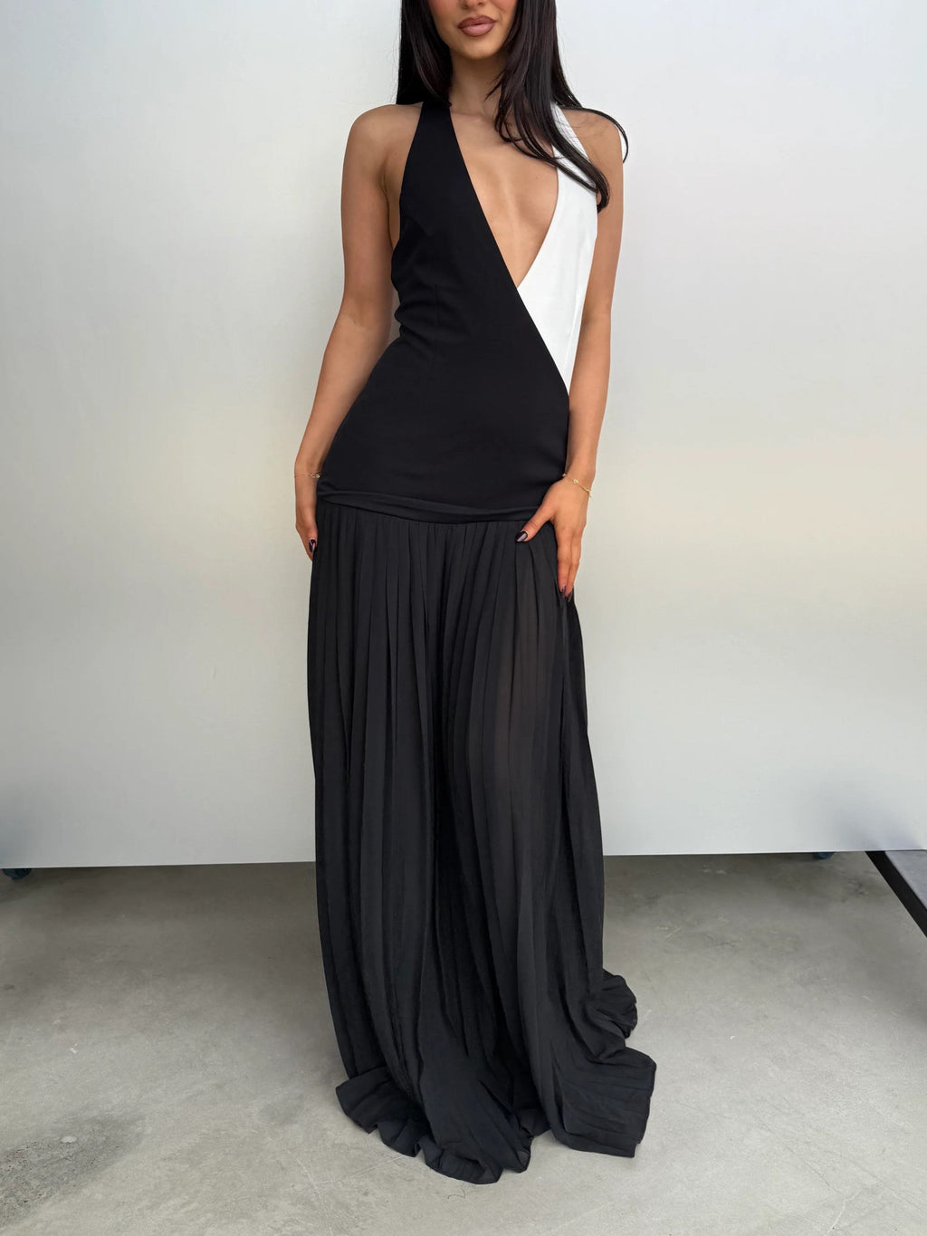 Black White Halter Draped Maxi Dress
