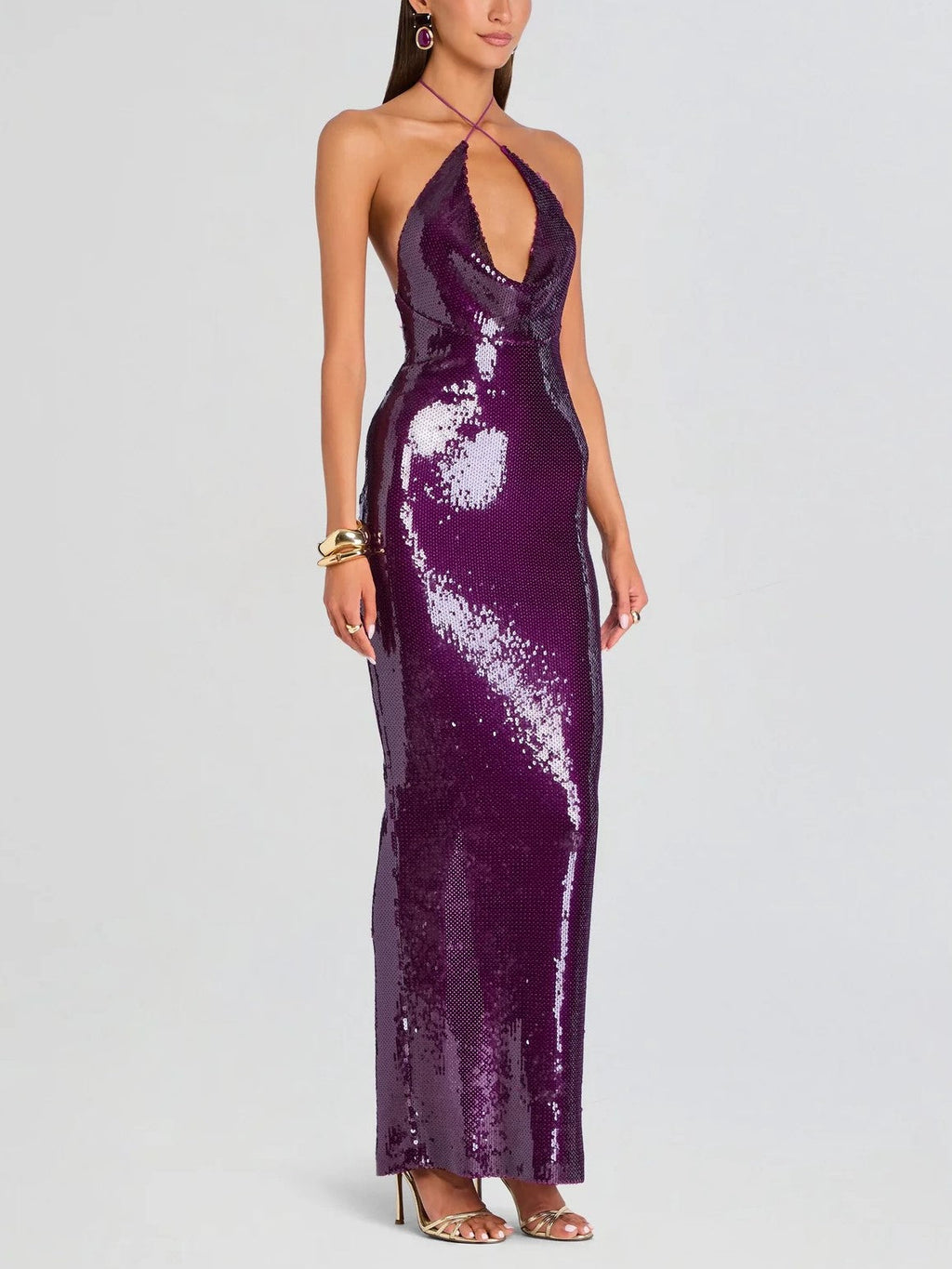 Purple Sequin Halter Cutout Maxi Dress