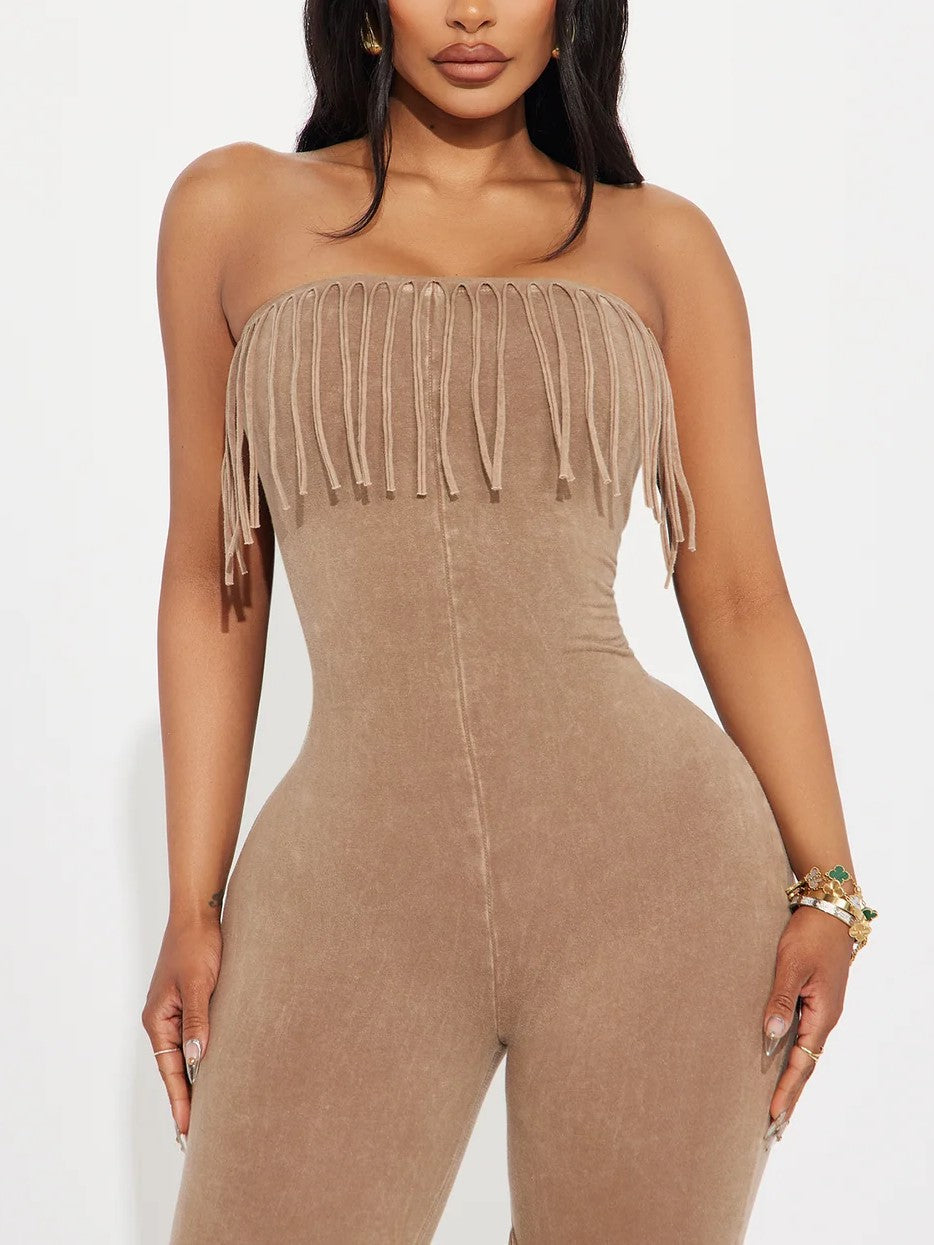 Taupe Sheer Fringe Strapless Jumpsuit