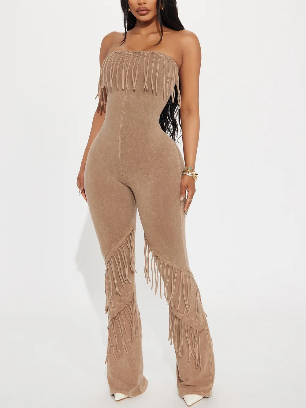 Taupe Sheer Fringe Strapless Jumpsuit