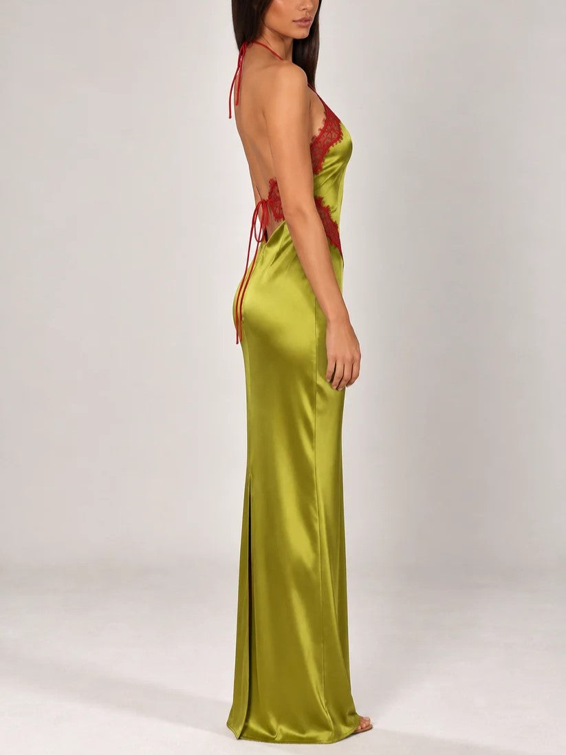 Brown Lace Applique Halter Maxi Dress