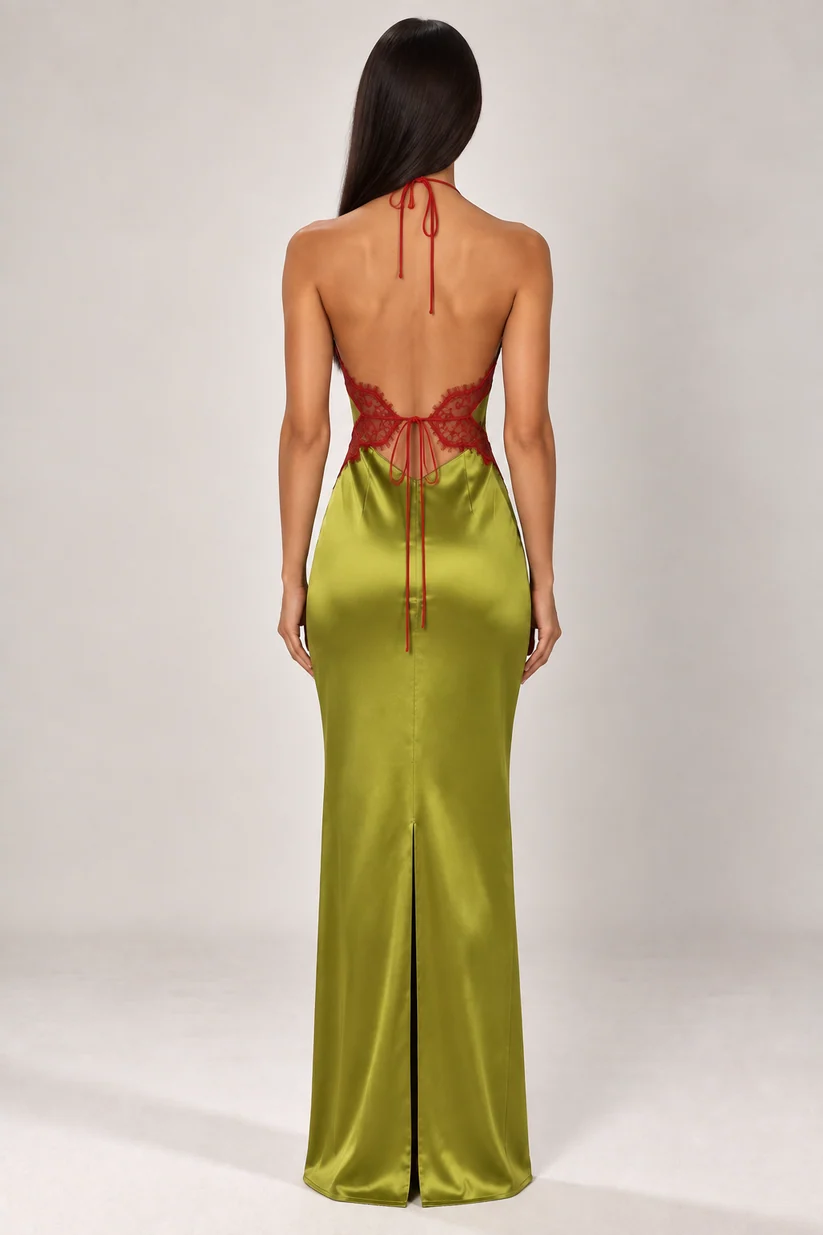 Brown Lace Applique Halter Maxi Dress