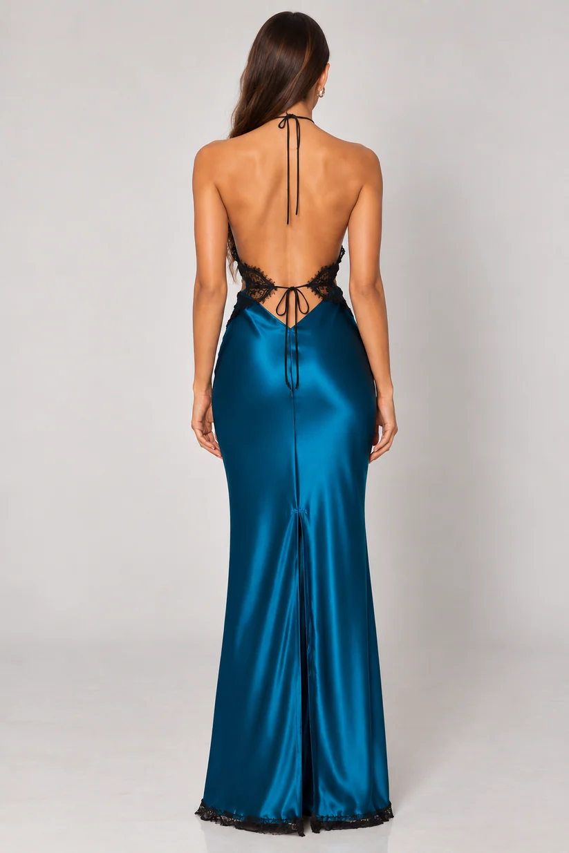 Brown Lace Applique Halter Maxi Dress