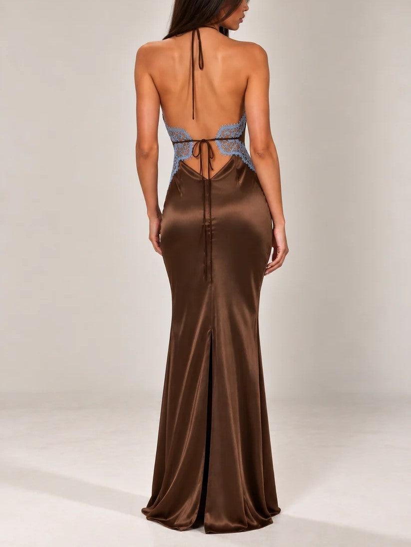 Brown Lace Applique Halter Maxi Dress