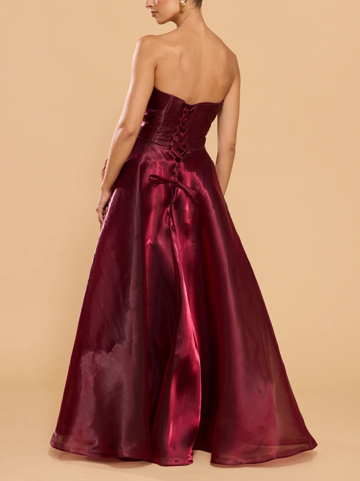 Burgundy Organza Strapless Maxi Dress
