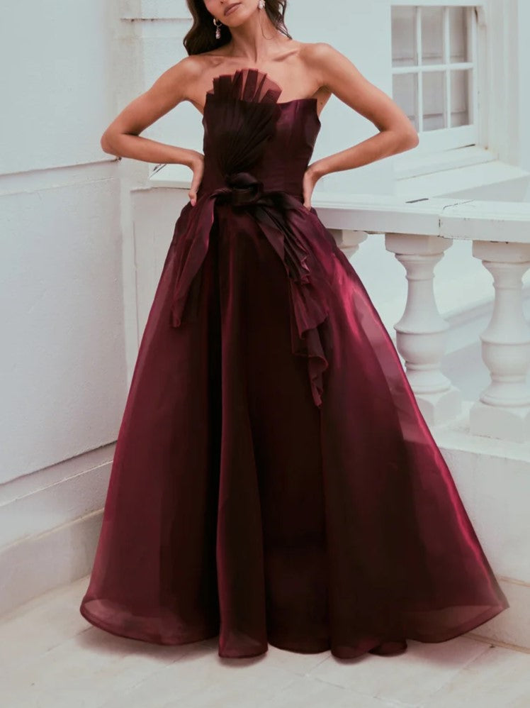 Burgundy Organza Strapless Maxi Dress