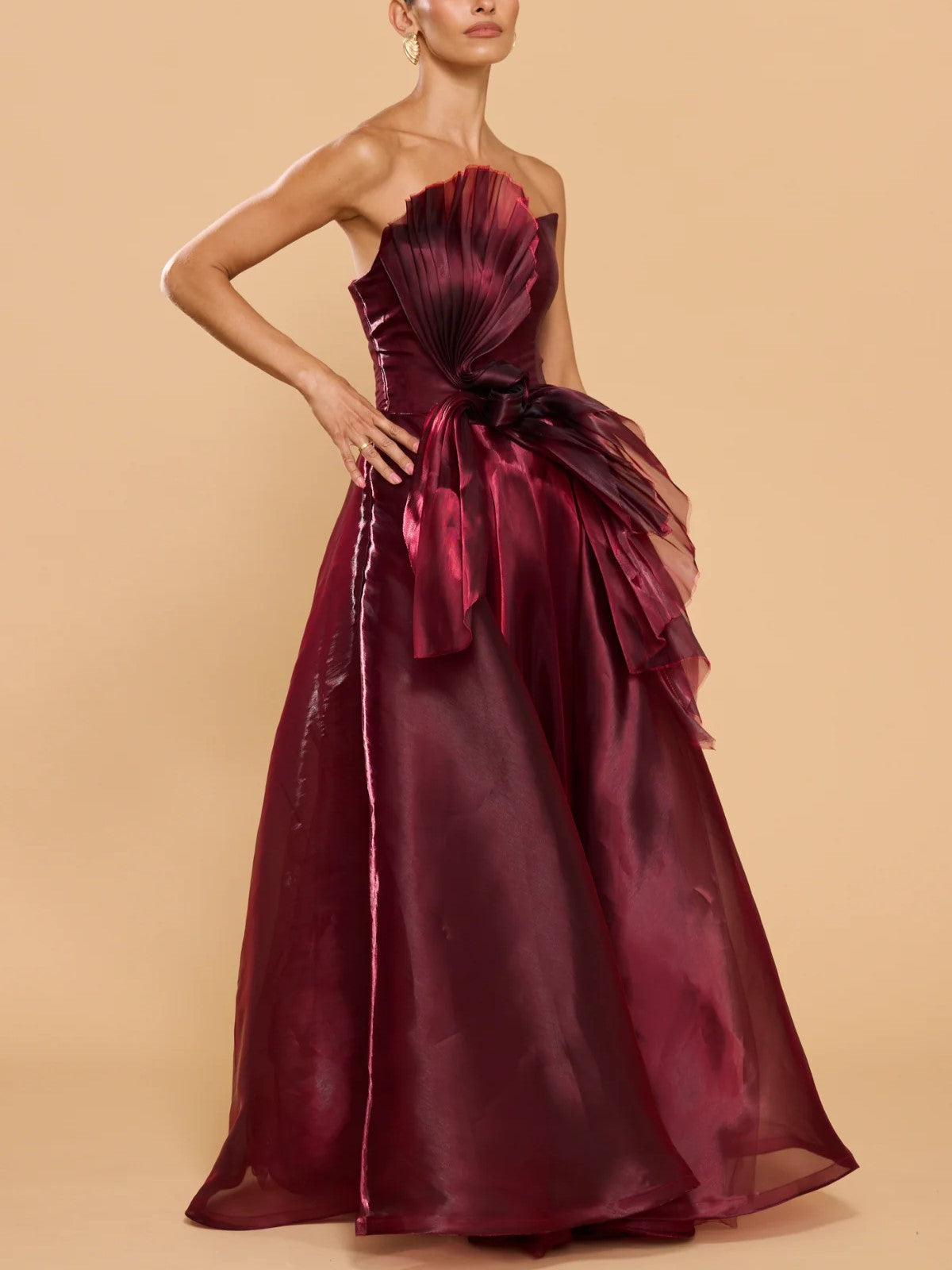Burgundy Organza Strapless Maxi Dress
