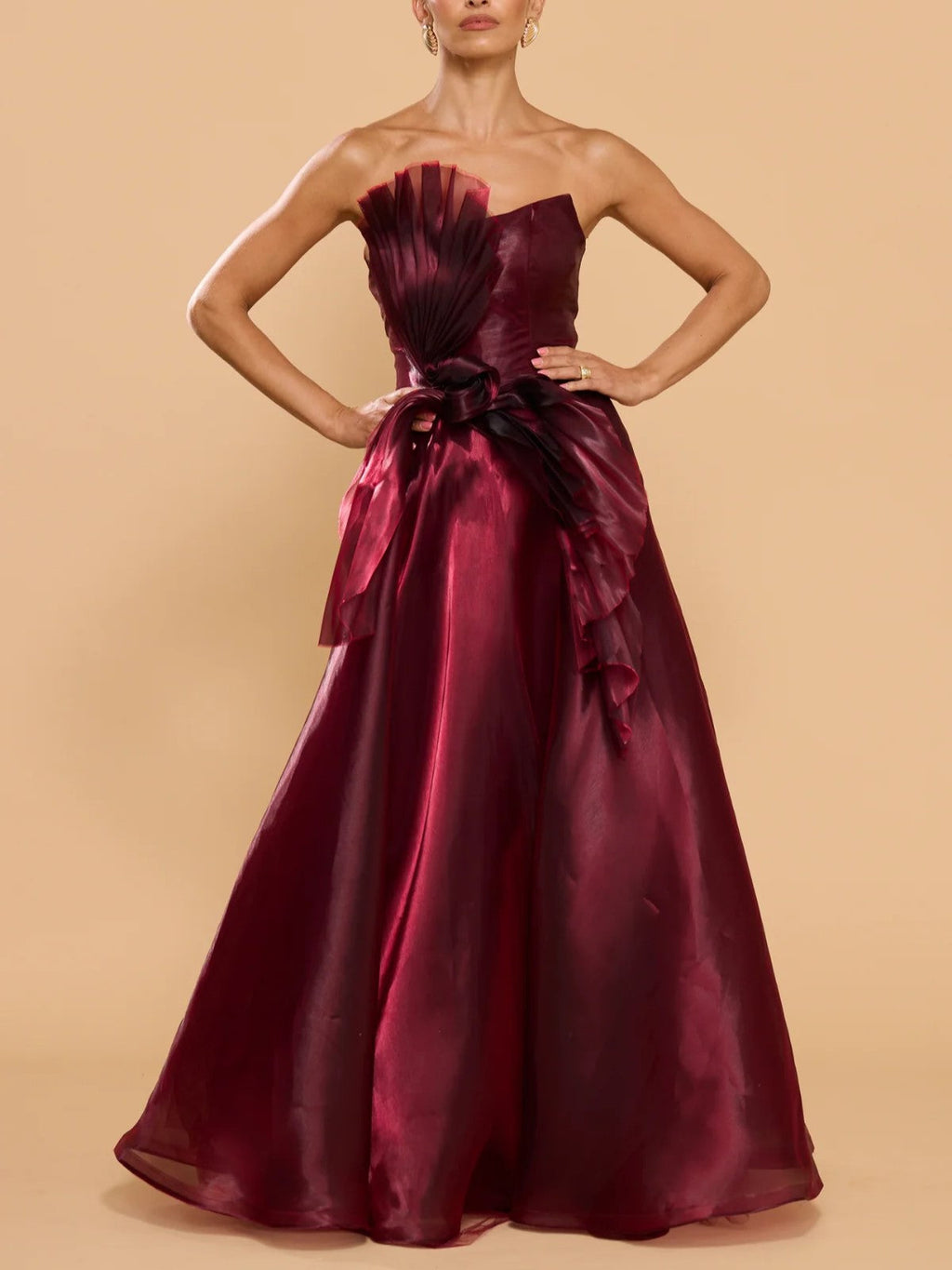 Burgundy Organza Strapless Maxi Dress